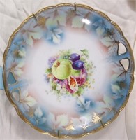 PAINTED HANDLED PLATE WITH FRUIT AND GOLD TRIM