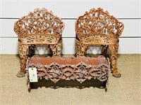 (2) Painted Cast Iron Garden Chairs & Planter
