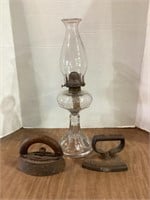 Oil Lamp & Vintage Irons