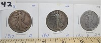 3 - Walking Liberty silver halves, 2-1917D, 1917