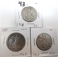 3 - 1918 Walking Liberty silver half dollars