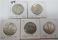 5 - 1918-D Walking Liberty silver half dollars