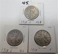 3 - 1918-S Walking Liberty silver half dollars