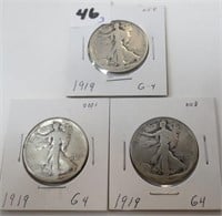 3 - 1919 Walking Liberty silver half dollars