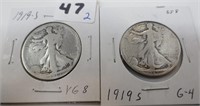 2 - 1919-S Walking Liberty silver half dollars