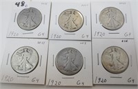 6 - 1920 Walking Liberty silver half dollars