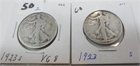 2 - 1923-S Walking Liberty silver half dollars