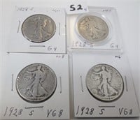 4 - 1928-S Walking Liberty silver half dollars