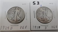 2 - 1929-D Walking Liberty silver half dollars