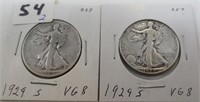 2 - 1929-S Walking Liberty silver half dollars