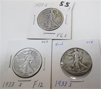 3 - 1933-S Walking Liberty silver half dollars