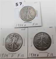 3 - 1934-D Walking Liberty silver half dollars