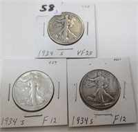3 - 1934-S Walking Liberty silver half dollars