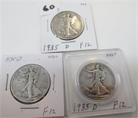 3 - 1935-D Walking Liberty silver half dollars