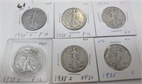 6 - 1935-S Walking Liberty silver half dollars