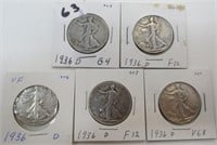 5 - 1936-D Walking Liberty silver half dollars