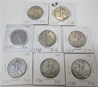8 - 1938 Walking Liberty silver half dollars