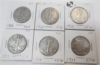 6 - 1939 Walking Liberty silver half dollars