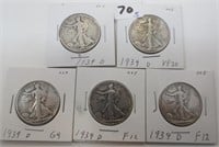 5 - 1939-D Walking Liberty silver half dollars