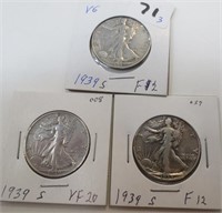 3 - 1939-S Walking Liberty silver half dollars
