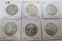 6 - 1941 Walking Liberty silver half dollars
