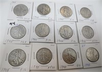 12 - 1945 Walking Liberty silver half dollars