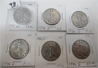 6 - 1946-D Walking Liberty silver half dollars