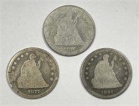 1876 1877 1891 Seated Liberty Silver Quarter Trio