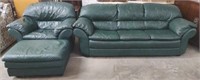 Green Leather Sofa & Chair w/ Ottoman [x2]