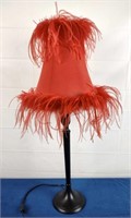 Candlestick Lamp w/ Red Feathered Shade