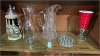 Lot of Glass Items. Pitcher, Frogger, Chalice of