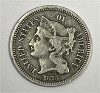 1873 Three Cent Nickel Closed 3 Variety Very Good