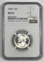 1944 Washington Silver Quarter Gem BU NGC MS65