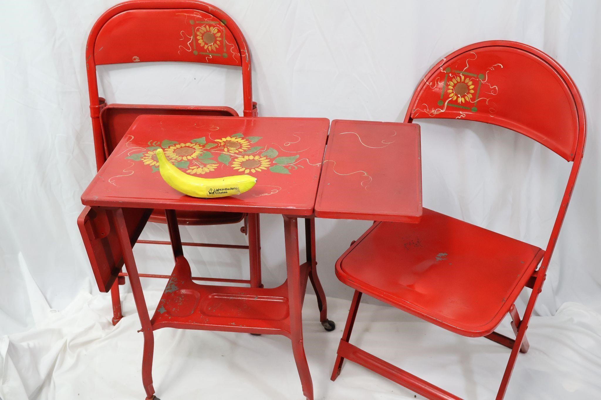 3 Piece Painted Red Table & Folding Chairs