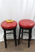 Pair Red Pebbled Leather Round Bar Stools