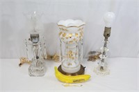 3 Vtg. Glass Prisms, Milk Glass Table Lamps