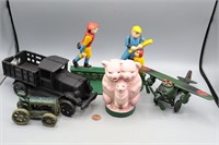 Repro Cast Iron 3 Pigs Bank, Tractor, Airplane++