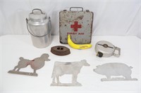 Vtg. First Aid Box, Farm Animals Decals, Canteen++