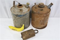 3 Antique Galvanized Metal Gas Cans & Cow Bell