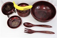 9 Pc. Lacquered Asian-Style Wood Salad Bowl Set