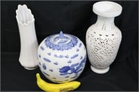 3 Asian-Inspired Ceramics, Swung Vase, Ginger Jar+