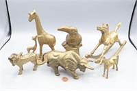 6 Brass Animal Figurines, Toucan, Horses, Bull+