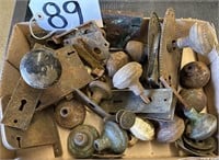 Box of Antique Door Hardware Knobs Locks