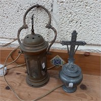 Brass Sanctuary Lamp and a Pewter Holy Water