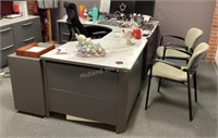 "L" Shaped Desk, Chairs, and Filing Cabinets
