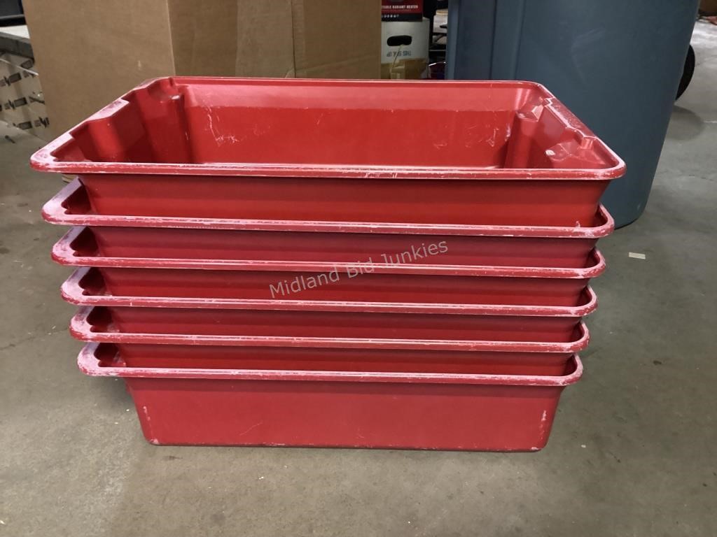 6 Heavy Duty Plastic Red Bins, 25"x6”x18”