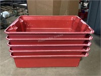 5 Heavy Duty Plastic Red Bins, 25"x6"x18"
