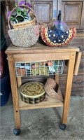 Wooden Kitchen Rolling Cart w/Contents