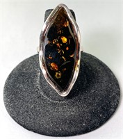 Very Large Sterling Amber Ring 10 Grams Size 7.25