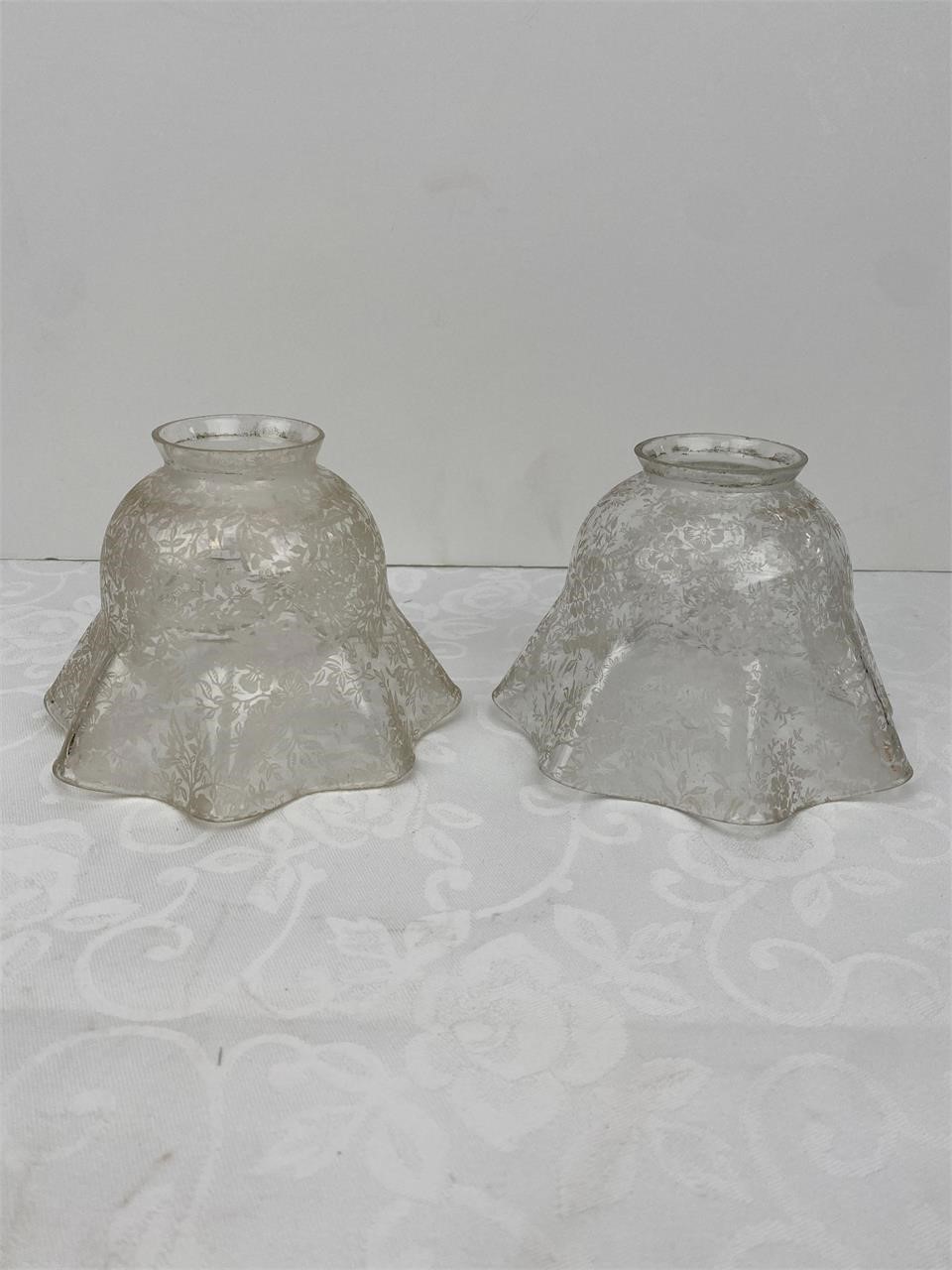 Vtg Pair: Applied Floral Etching Glass Lamp Shades